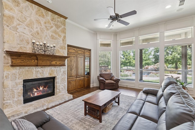 3030 Pecan Grove Ln, Celina, TX 75078 - living room with ornamental molding, a fireplace, wood finished floors, ceiling fan, and recessed lighting