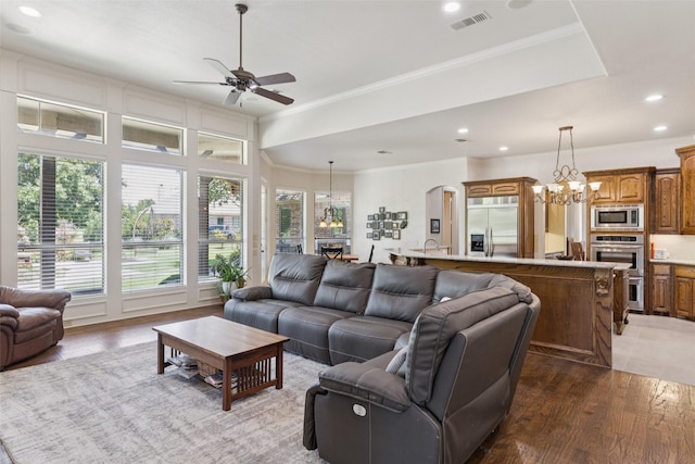 3030 Pecan Grove Ln, Celina, TX 75078 - living area with a chandelier, ceiling fan, wood finished floors, recessed lighting, and crown molding