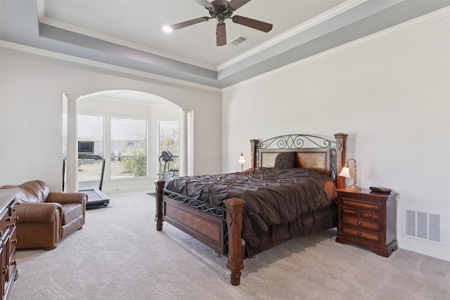 3030 Pecan Grove Ln, Celina, TX 75078 - bedroom featuring decorative columns, light colored carpet, arched walkways, ornamental molding, and a raised ceiling