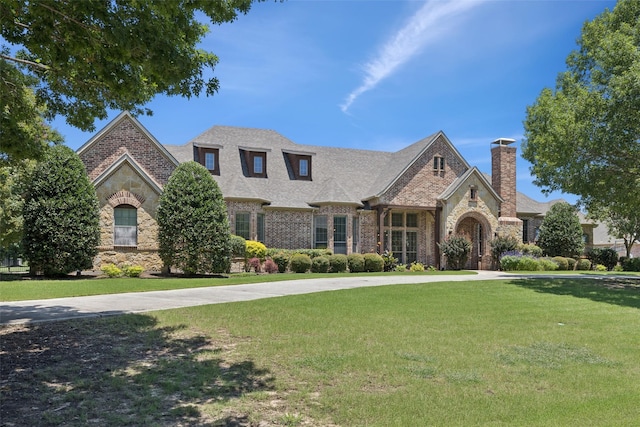 3030 Pecan Grove Ln, Celina, TX 75078 - french country style house featuring stone siding, a front lawn, a chimney, and brick siding