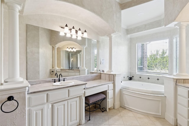 3030 Pecan Grove Ln, Celina, TX 75078 - full bathroom featuring ornate columns, a garden tub, vanity, tile patterned floors, and crown molding