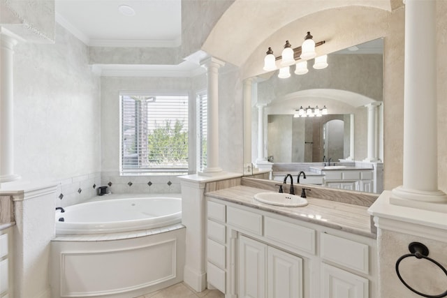 3030 Pecan Grove Ln, Celina, TX 75078 - bathroom featuring a garden tub, vanity, decorative columns, and ornamental molding