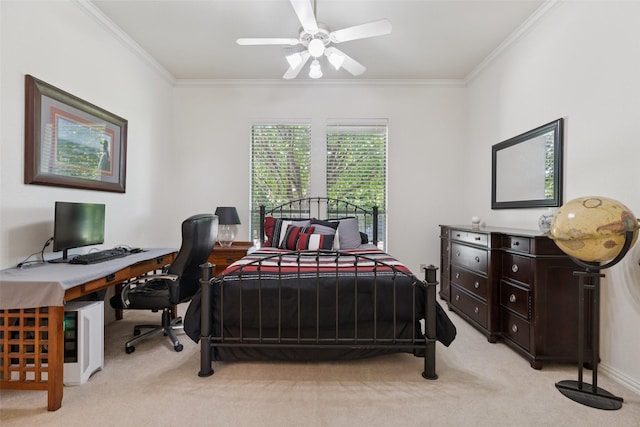 3030 Pecan Grove Ln, Celina, TX 75078 - bedroom with light carpet, crown molding, an office area, and ceiling fan