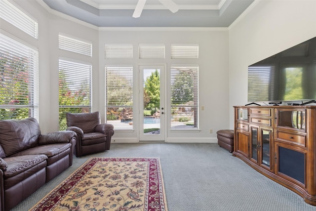 3030 Pecan Grove Ln, Celina, TX 75078 - carpeted living room with plenty of natural light, ornamental molding, and ceiling fan