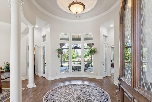 3030 Pecan Grove Ln, Celina, TX 75078 - entryway with decorative columns, wood finished floors, crown molding, and a high ceiling