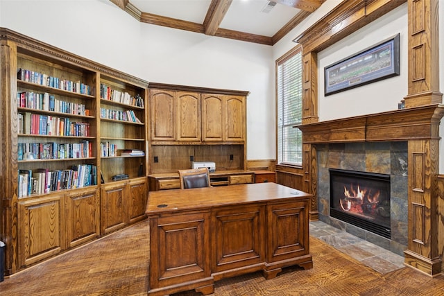 3030 Pecan Grove Ln, Celina, TX 75078 - office featuring a tile fireplace, crown molding, wainscoting, and beamed ceiling
