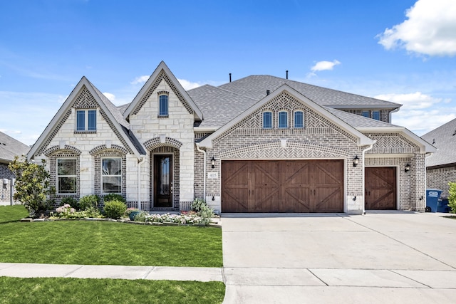 405 Milford, Wylie, TX 75098 - french country inspired facade featuring a garage, driveway, a front yard, stone siding, and roof with shingles