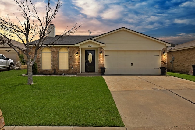 7104 Negril Ct, Fort Worth, TX 76137 - single story home with a front yard, brick siding, concrete driveway, a chimney, and an attached garage