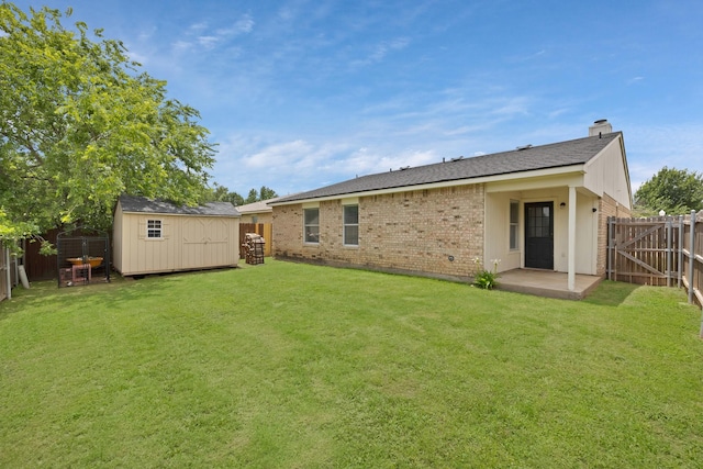 7104 Negril Ct, Fort Worth, TX 76137 - back of property featuring brick siding, a storage unit, a fenced backyard, a patio, and a chimney