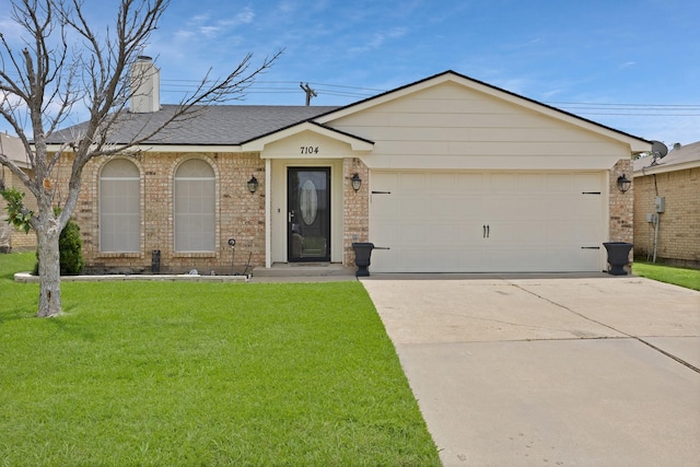 7104 Negril Ct, Fort Worth, TX 76137 - single story home with a front lawn, a shingled roof, brick siding, concrete driveway, and a chimney