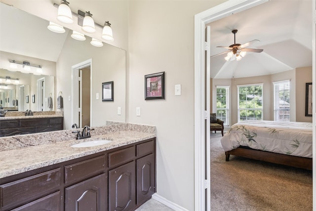 3718 Colonnade Grove Dr, Frisco, TX 75033 - ensuite bathroom with lofted ceiling, vanity, and a ceiling fan