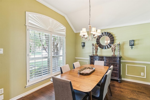 3718 Colonnade Grove Dr, Frisco, TX 75033 - dining room featuring a chandelier, ornamental molding, dark wood-style flooring, and vaulted ceiling