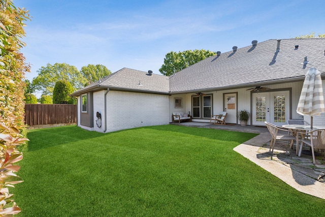 3505 Bentley Ct, Plano, TX 75093 - back of house with ceiling fan, a shingled roof, a patio, and brick siding