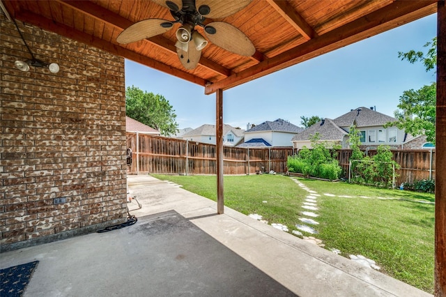 8224 Spring Valley Ln, Plano, TX 75025 - fenced backyard with a ceiling fan, a patio area, and a residential view
