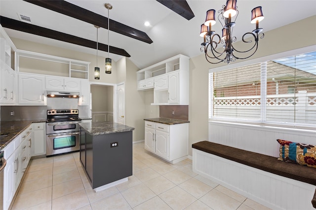 5853 Echo Bluff Dr, Haltom City, TX 76137 - kitchen featuring range with two ovens, under cabinet range hood, a center island, white cabinets, and a chandelier
