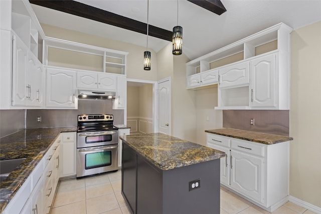 5853 Echo Bluff Dr, Haltom City, TX 76137 - kitchen with range with two ovens, under cabinet range hood, a kitchen island, dark stone countertops, and beamed ceiling