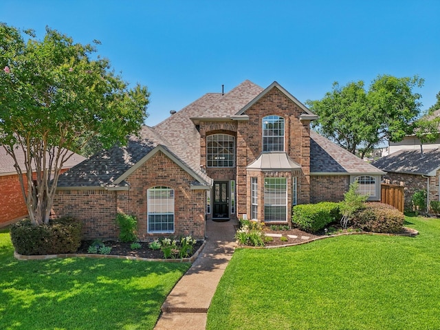 3707 Elizabeth Dr, Carrollton, TX 75007 - view of front of house with a shingled roof, a front lawn, and brick siding