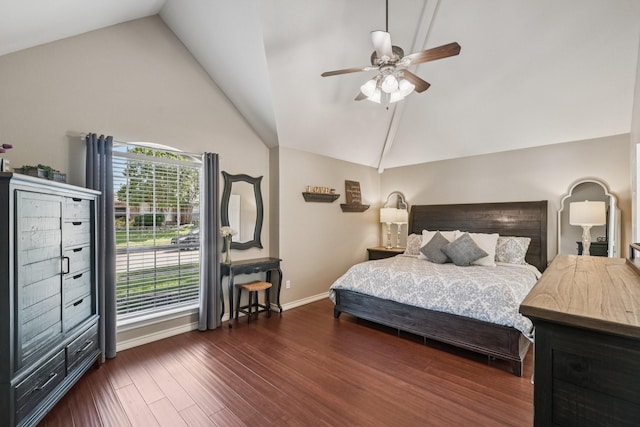 3707 Elizabeth Dr, Carrollton, TX 75007 - bedroom with wood finished floors, high vaulted ceiling, and a ceiling fan