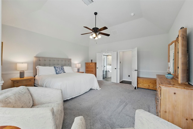 5413 Percy Priest St, Fort Worth, TX 76179 - bedroom featuring carpet floors, vaulted ceiling, a ceiling fan, and ensuite bathroom
