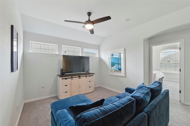 5413 Percy Priest St, Fort Worth, TX 76179 - living room featuring light colored carpet, ceiling fan, and vaulted ceiling
