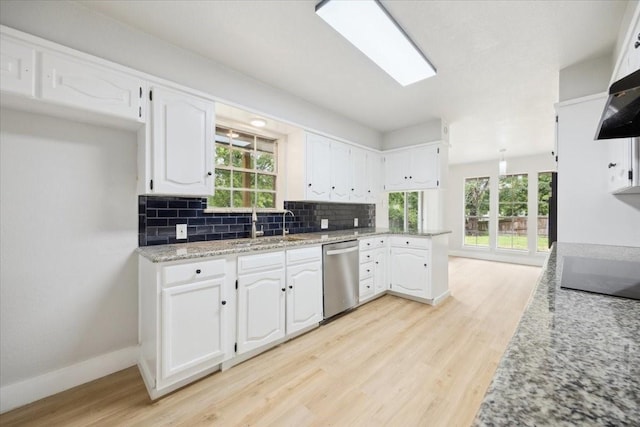 4132 Alava Dr, Fort Worth, TX 76133 - kitchen featuring dishwasher, light wood-style floors, white cabinetry, backsplash, and black electric cooktop