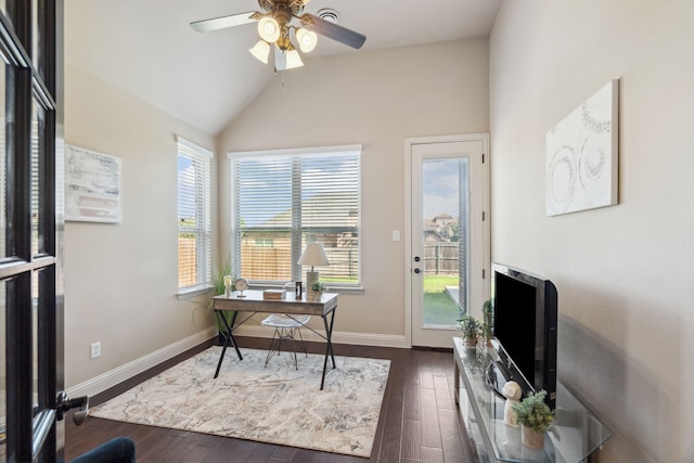 1256 Teton Dr, Burleson, TX 76028 - office space featuring ceiling fan, dark wood-type flooring, and high vaulted ceiling