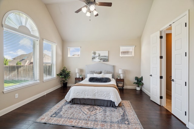 1256 Teton Dr, Burleson, TX 76028 - bedroom featuring dark wood-style flooring, a ceiling fan, and high vaulted ceiling