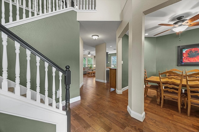 1045 Hillcrest Cir, Rockwall, TX 75087 - foyer entrance with ceiling fan, wood finished floors, and stairway