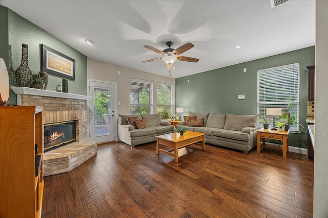 1045 Hillcrest Cir, Rockwall, TX 75087 - living room with a ceiling fan, hardwood / wood-style floors, a fireplace, and recessed lighting