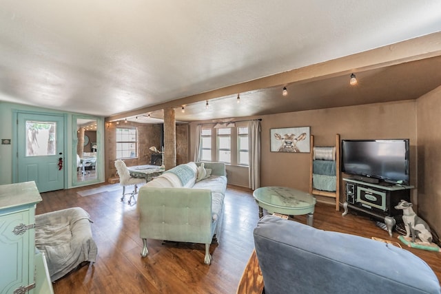 2057 Breezywood Dr, Flower Mound, TX 75022 - living area featuring wood finished floors and rail lighting