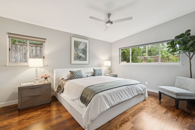 10832 Cinderella Ln, Dallas, TX 75229 - bedroom with dark wood-style flooring, vaulted ceiling, and ceiling fan