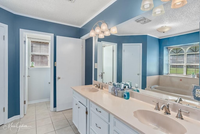 9440 Castlebrook Dr, Shreveport, LA 71129 - bathroom with a textured ceiling, double vanity, tile patterned flooring, and a bath