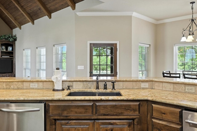 12780 Cartwright Trl, Ponder, TX 76259 - kitchen with dishwasher, a chandelier, light stone counters, decorative light fixtures, and dark brown cabinets