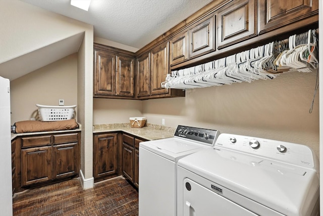 12780 Cartwright Trl, Ponder, TX 76259 - washroom with separate washer and dryer, cabinet space, dark wood-style floors, and a textured ceiling