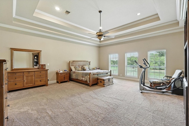 12780 Cartwright Trl, Ponder, TX 76259 - bedroom featuring a raised ceiling, light colored carpet, crown molding, a ceiling fan, and recessed lighting