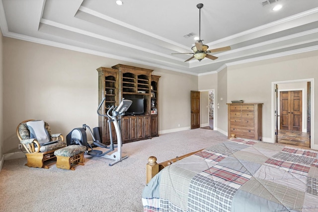 12780 Cartwright Trl, Ponder, TX 76259 - bedroom with a tray ceiling, carpet, ceiling fan, crown molding, and recessed lighting