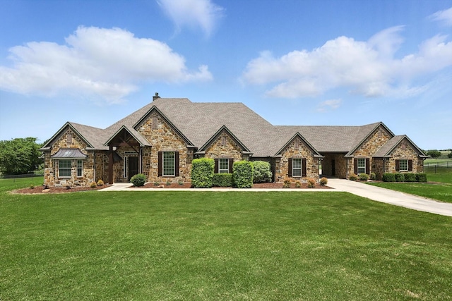 12780 Cartwright Trl, Ponder, TX 76259 - craftsman house featuring stone siding, a front lawn, and a chimney
