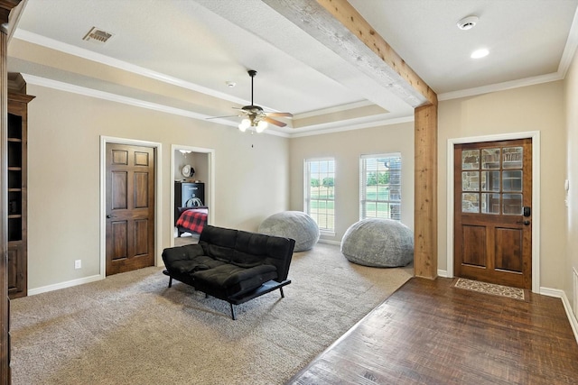 12780 Cartwright Trl, Ponder, TX 76259 - entryway featuring ornamental molding, a ceiling fan, wood finished floors, a tray ceiling, and recessed lighting