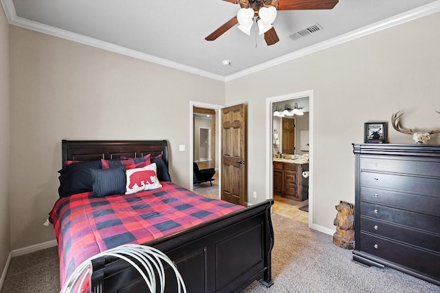 12780 Cartwright Trl, Ponder, TX 76259 - bedroom featuring ornamental molding, light carpet, connected bathroom, and ceiling fan