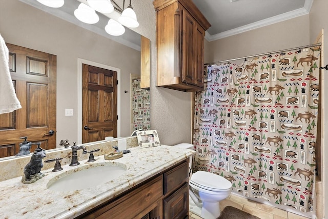 12780 Cartwright Trl, Ponder, TX 76259 - bathroom featuring vanity, ornamental molding, curtained shower, and tile patterned floors