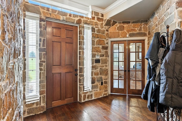 12780 Cartwright Trl, Ponder, TX 76259 - entrance foyer with french doors, ornamental molding, and dark wood-style flooring