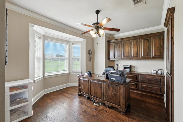 12780 Cartwright Trl, Ponder, TX 76259 - home office featuring a ceiling fan, crown molding, and dark wood-style floors