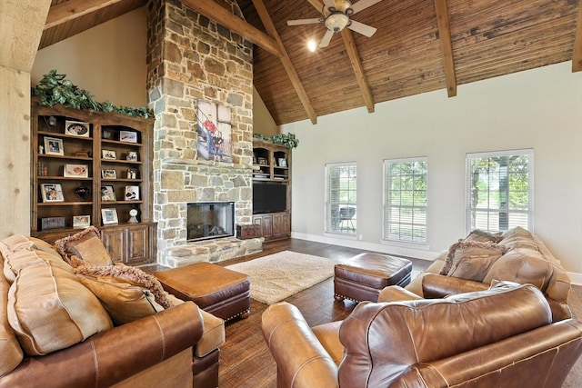 12780 Cartwright Trl, Ponder, TX 76259 - living room with a wooden ceiling with exposed beams, wood finished floors, high vaulted ceiling, a ceiling fan, and a fireplace