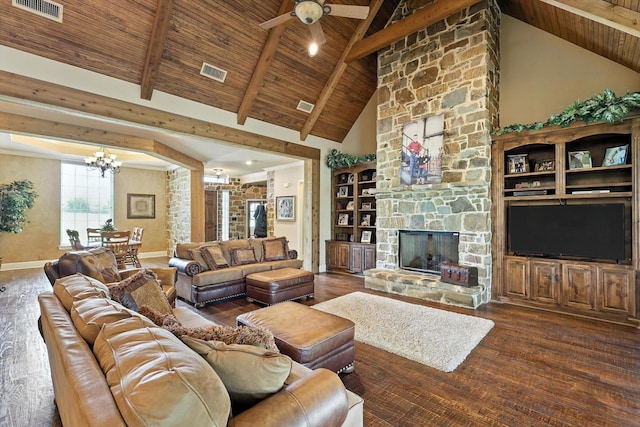 12780 Cartwright Trl, Ponder, TX 76259 - living area featuring a chandelier, a wooden ceiling with exposed beams, wood finished floors, a ceiling fan, and a fireplace