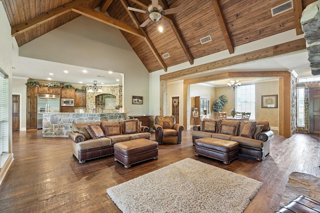 12780 Cartwright Trl, Ponder, TX 76259 - living room featuring high vaulted ceiling, a wooden ceiling with exposed beams, a chandelier, dark wood-type flooring, and a ceiling fan