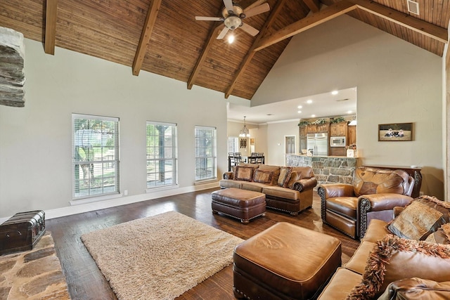 12780 Cartwright Trl, Ponder, TX 76259 - living room with a wood ceiling with exposed beams, high vaulted ceiling, dark wood finished floors, ceiling fan, and a chandelier