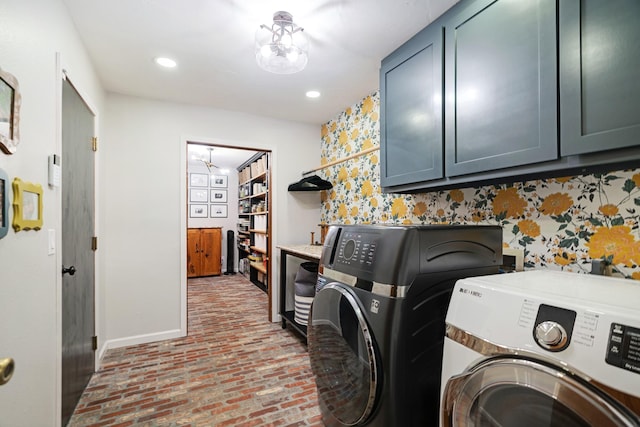 730 Cedar Crk, Reno, TX 75462 - laundry room featuring cabinet space, washer and dryer, brick flooring, and recessed lighting