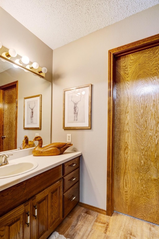 730 Cedar Crk, Reno, TX 75462 - bathroom featuring vanity, wood finished floors, and a textured ceiling