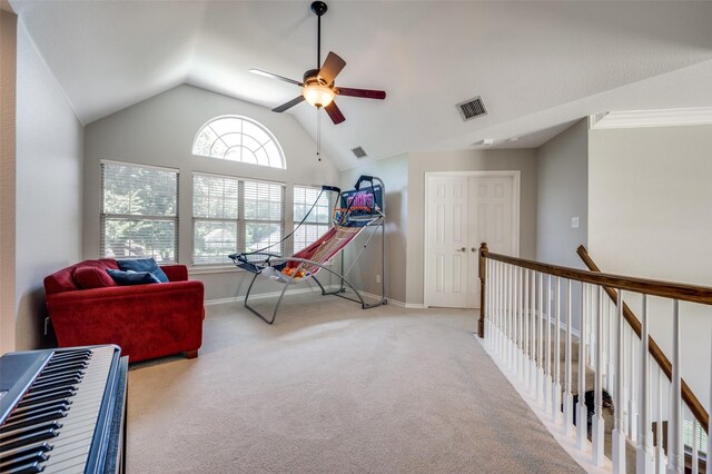 214 Chisholm Trl, Argyle, TX 76226 - sitting room with ceiling fan, carpet floors, vaulted ceiling, and an upstairs landing