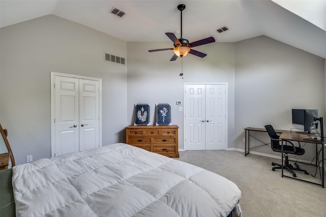 214 Chisholm Trl, Argyle, TX 76226 - carpeted bedroom with high vaulted ceiling, a desk, ceiling fan, and a closet